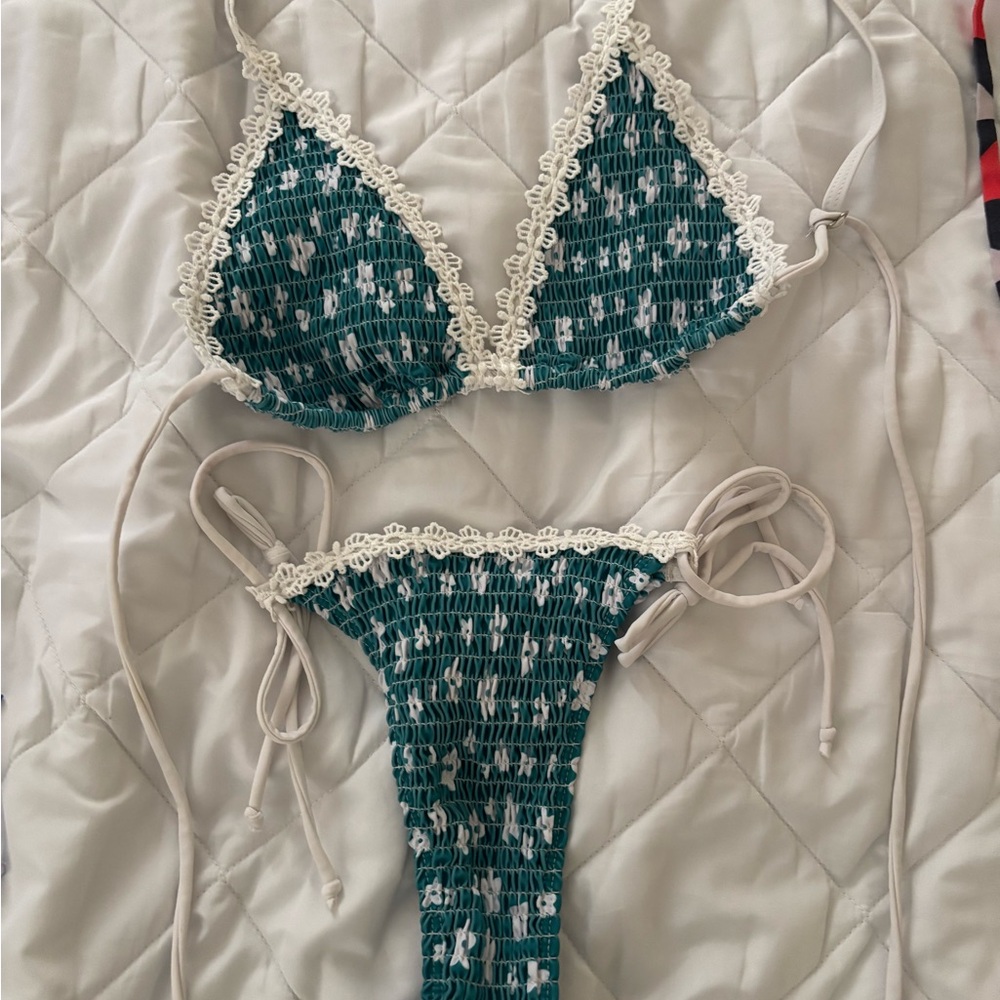 Teal and White Bikini Set